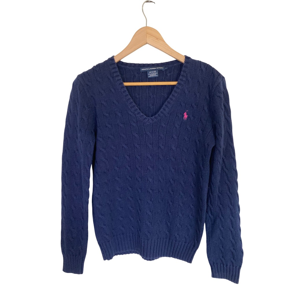 Ralph Lauren Sport Navy Blue Cable Knit V-Neck Cotton Sweater Pink Pony Large